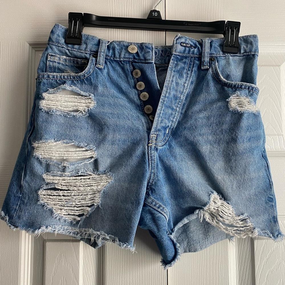 Arizona Junior High rise jean shorts, light wash distressing and button closure